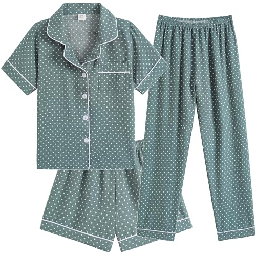 Image of Hupohoi Big Girls Button Down Pajama Set 3pcs Short Sleeve Long Pants with Shorts Crepe Wrinkled Fabric Sleepwear Nighty