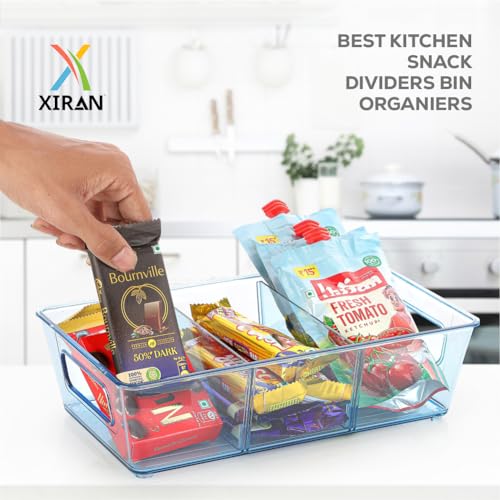 Image of Xiran Fridge Storage Boxes Organizer Bins, 3 Partition Stackable Fridge Storage Basket, Plastic Freezer Storage Containers for Fish, Meat, Vegetables, Fruits (Pack of 2, Blue)