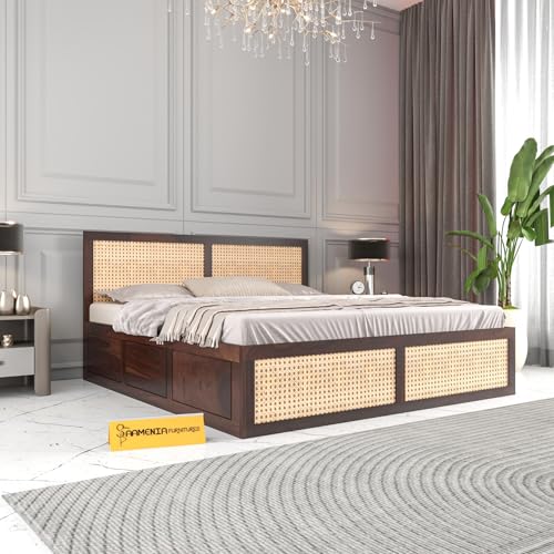 Image of Sheesham Wood Cane Bed with Box Storage for Bedroom | Queen Size Wooden Double Bed Palang with Rattan Headboard & Footboard (Walnut Finish)