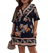 OYOANGLE Women's Plus Size Boho Floral Print High Waist V Neck Flared A Line Short Dress