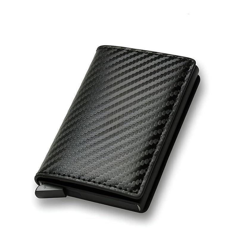 Men's Genuine Leather Wallet | RFID Blocking Aluminum Automatic Pop Up Credit Card Holder Case | Holds up to 9 Cards (24 Carbon Black)