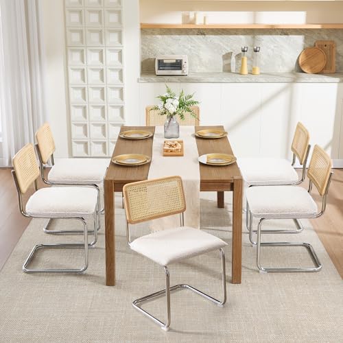 Image of Zesthouse Natural Rattan Dining Chairs Set of 4, Modern Kitchen Chairs with Solid Wood Back for Dining Room Living Room, Mid Century Breuer Design Inspired, Upholstered Boule Fabric, White
