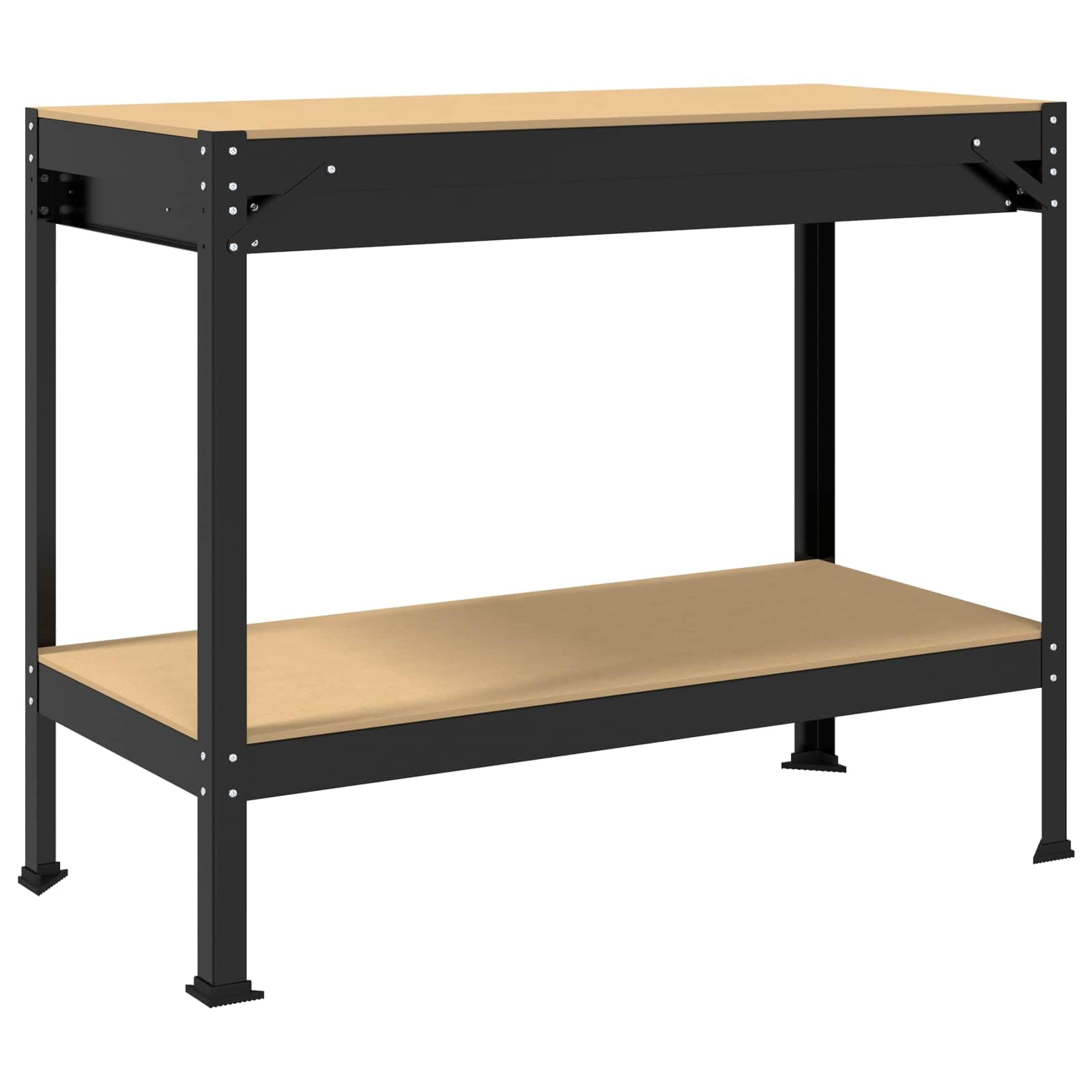 Banco de trabajo negro 114 x 54 x 91 cm de madera contrachapada y metal con cajón, pared perforada y estantes para taller, garaje y sala de ocio