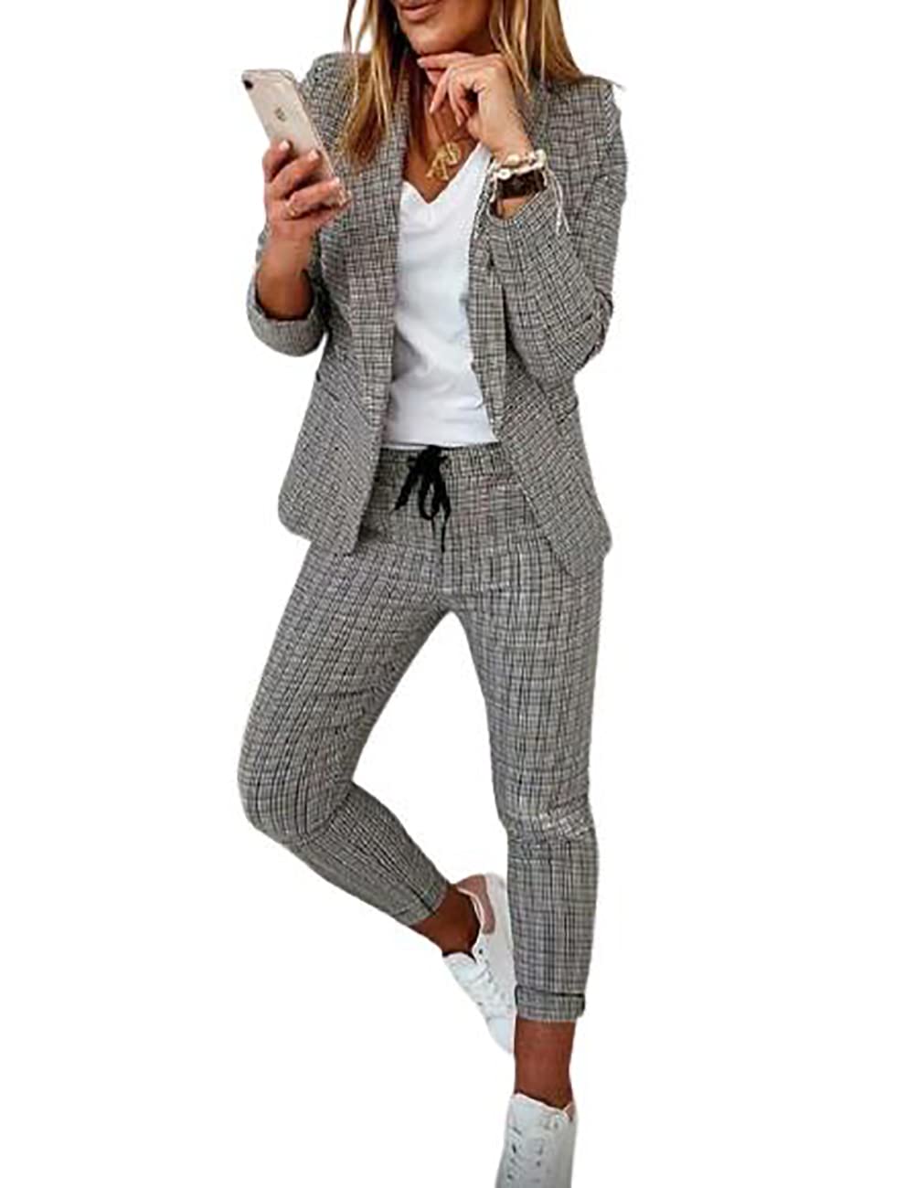 BoutiquefeelWomens Winter Two Piece Fashion Plaid Print Open Front Long Sleeve Blazer Coat Pants Set Suit
