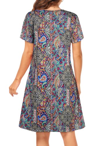 Image of Womens Summer Dresses Beach Casual Loose Tshirt Floral Short Sleeve Flowy Pockets Sundresses 2026
