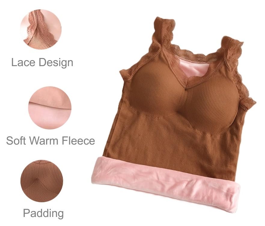 Alexvyan Girls Teenager Lace Strap L Size Brown Padded Slips Slim Fit Cotton Thermal Fleece Underwear Tops Camisole Top Warm Stretchy Slim-Fit Body Shaper Vest for Winter 4