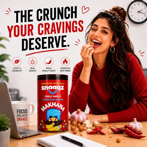 Image of SNAAQZ Chilly Garlic Roasted Makhana | Crunchy Fox Nut Healthy Snack | Spicy Phool Makhana Namkeen | Protein Rich Gluten Free Snack | Low Calorie Roasted Lotus Seeds with Chilli Garlic Flavour