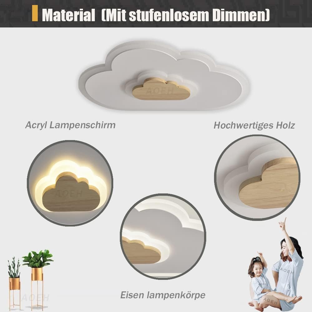 AOEH Lampa sufitowa LED, lampa do sypialni, do pokoju dziecięcego, lampa sufitowa dla dzieci, lampa sufitowa z motywem chmur, drewniana, bezstopniowe ciemnienie z pilotem, z funkcją nocnego