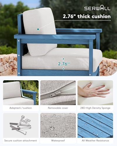 Image of SERWALL HDPE Outdoor Loveseat with Cushion, Outdoor Sectional Furniture Set | All Weather Use Patio Couch Sofa，Blue Frame with Khaki Cushions