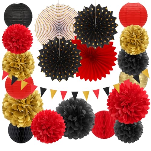 Image of Red-Black Gold Casino Theme Party-Decorations - 20pcs Game Night Paper Lanterns Fans,Tissue Pom Poms,Honeycomb Balls,Bunting,Birthday Graduation Wedding Bridal Baby Shower Decor Burgleda