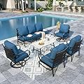 Sophia & William Patio Furniture Sets for 7 Outdoor Conversation Set 6 Pcs with 4 x Armrest Cushioned Sofa Chairs, 1 x 3-Seat Sofa, 1 Marbling Metal Coffee Table Garden Backyard Poolside Peacock Blue