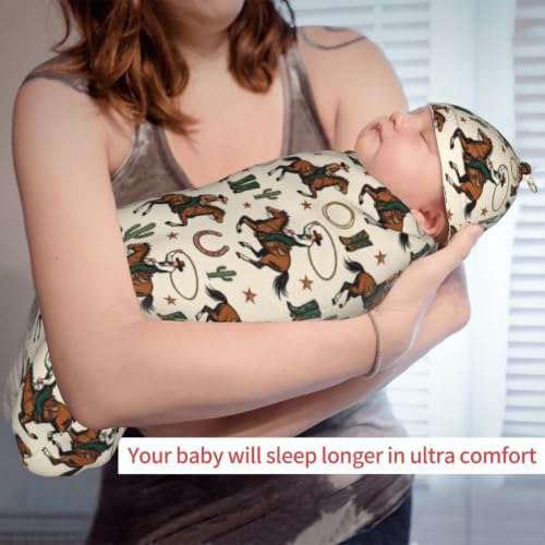 Image of Lcokin Western Cowboy Baby Stuff Swaddle Blanket with Hat, Newborn Receiving Blanket