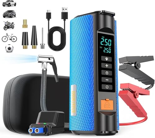Jump Starter with Air Compressor,2500A car battery Jump starter,12V car booster jumper cable kit,Car Charger 150PSI portable tire inflator,battery charger,multi-function LED outdoor emergency lighting
