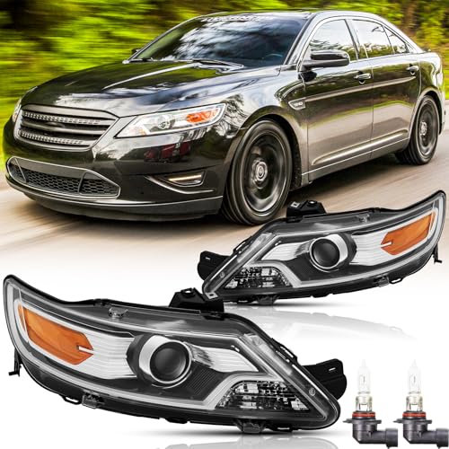 SAFAUTOPARTS Headlights Assembly with Bulbs for 2010 2011 2012 Ford Taurus Halogen Headlamps Replacement Driver and Passenger Side Pair (LH RH),Chrome Housing Amber Reflector