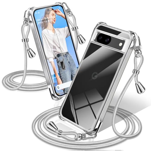 Google Pixel 8a ケース クリア ショルダー 耐衝撃 ピクセル8a カバー 透明 スマホケース 織りストラップ付き 肩がけ 首掛け 紐付き カバー 縄掛け シングルショルダーロープ 斜めがけ 調節可能なショルダー クロスボディ 多目的キャリー ファッションデザイン TPUスマホ 柔軟 軽 薄 (シルバー)のサムネイル