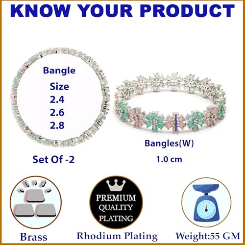 Image of ZENEME Rhodium Plated Silver Toned Floral Shaped American Diamond Studded Bangles Set Of 2 For Women & Girls