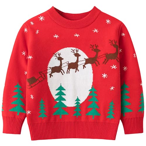 Yimoon Kids Toddler Christmas Sweater Baby Girl Boy Knitted Crew Neck Pullover Unisex Sweatshirts Christmas Deer Snowman Tops (Red03-3T)