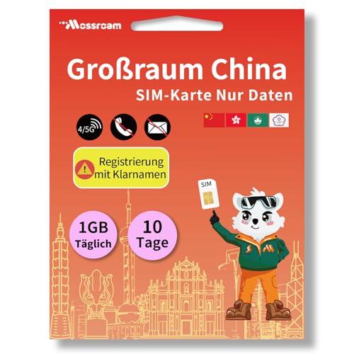 SIM-Karte für Großchina – Prepaid-Datentarife für China, Hongkong, Macau, Taiwan | 1 GB Datenvolumen täglich, 10 Tag gültig | Highspeed 4/5G LTE | Ideal für Reisende