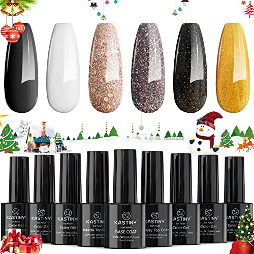 UV gelový lak na nehty, Kastiny 9 šampaňské, černá, bílá, žlutá, třpytivá sada s matným & leskem a základním nátěrem, DIY Nail Art Kit pod lampou, uzdravená, na Valentýna, svatbu, seznamovací party