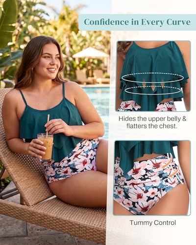 Image of Bathing Suits for Women High Waisted Swimsuits Tummy Control Two Piece Tankini Ruffled Top with Swim Bottom Bathing Suits