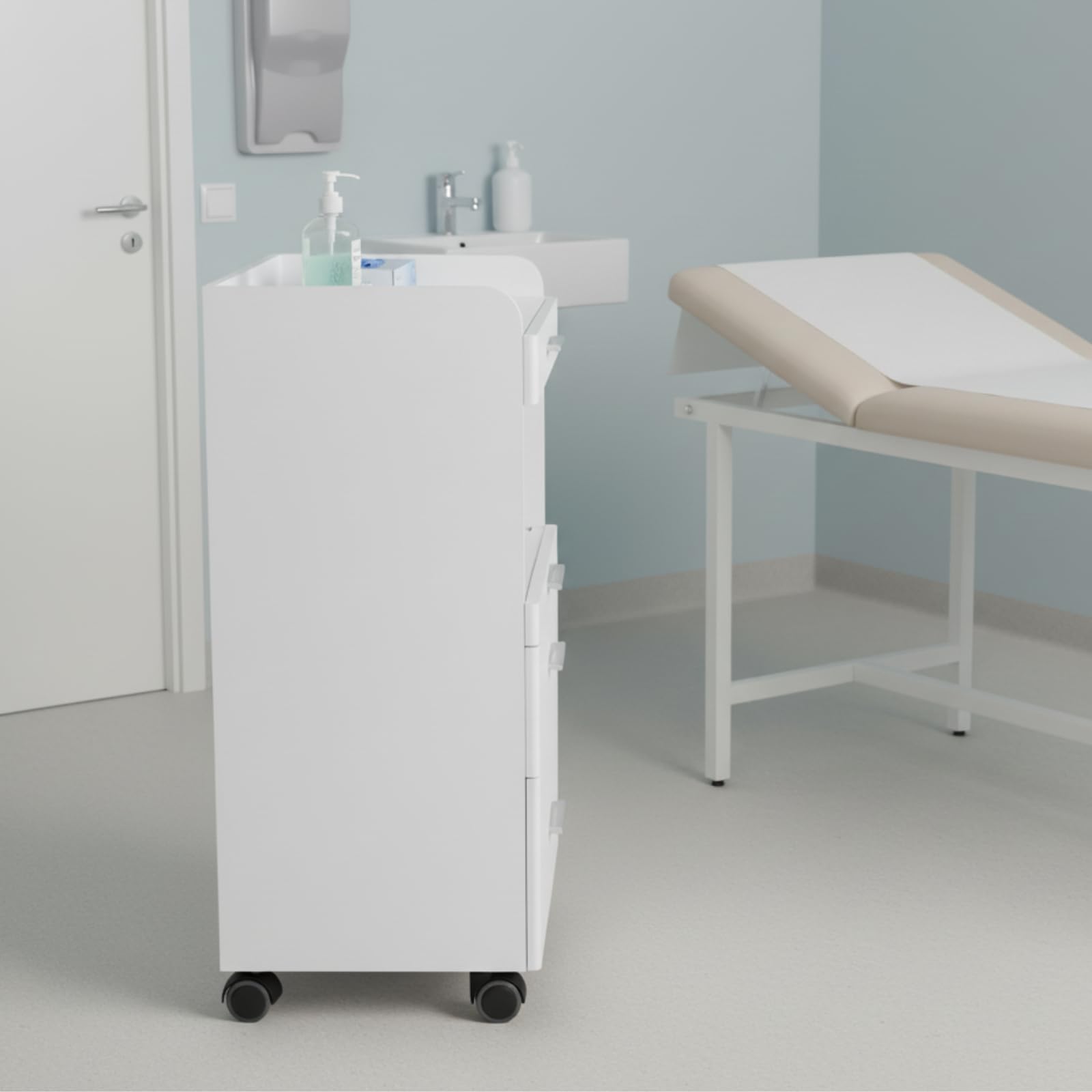Beistellwagen 19 D SF – Stilvoller Arbeitswagen mit 3 Schubladen & zusätzlichem Stauraum, ausziehbare Ablage, mobil mit Rollen, ideal für Kosmetikstudios & Salons, Zeitloses Design