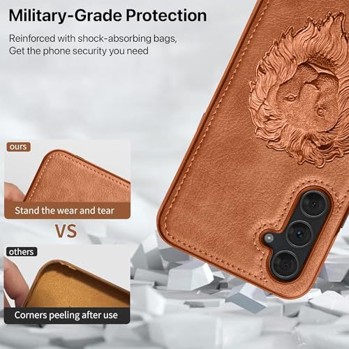Image of Vaku Luxos Lion Embossed Back Cover Case for Samsung Galaxy S23 FE Premium Leather Stitched Soft Shockproof Protective TPU Phone Case Camera Screen Protector- Brown