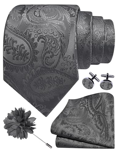 GUSLESON Grey Tie Set for Men Paisley Wedding Silk Dark Grey Necktie Pocket Square Cufflinks and Lapel Pin Brooch Set (6111-04)