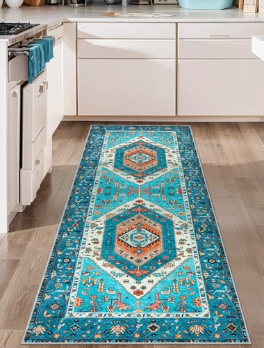 SERISSA Boho Washable Runner Rug, 2x6 Rug Runner Non-Slip Vintage Blue Hallway Kitchen Runner Rug Ultra Soft Print Distressed Tribal Floor Carpet Runner for Bedroom Bathroom Laundry Living Room