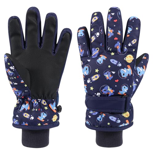 QKURT Guantes de esquí de Invierno para niños Estampado de Dinosaurio Espacial, Antideslizantes, de Poliuretano, para Trineo, Resistentes al Viento, para Clima frío, para Nieve, de 4 a 9 años.