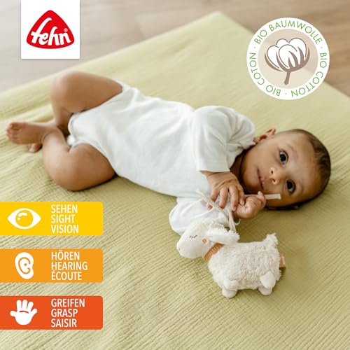 Fehn Mini-Schaf NATUR – Mini-Greifling aus Baumwolle aus biolgischem Anbau - Babyspielzeug zum Klingeln, Fühlen, Spielen mit kuschelweichem Stoff - Begleiter für Babys und Kleinkinder ab 0+ Monaten