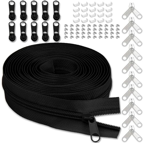 #5 Nylon Zipper Tape for Sewing: YZSFIRM 10 Yards Black by The Yard Nylon Coil Zippers for DIY Sewing Craft with 10 Bulk Metal Zipper Slider and 10 Double Slider