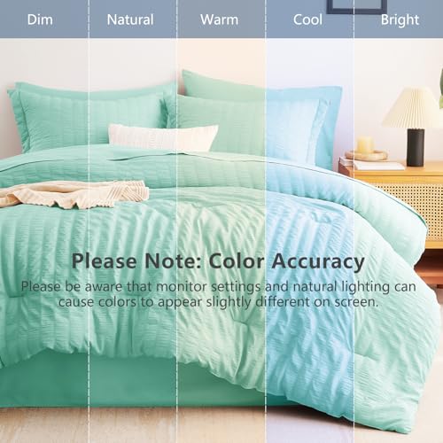 Image of CozyLux Queen Comforter Set Mint Green, 7 Pieces Seersucker Textured Luxury Bed in a Bag Queen, All-Season Bedding Sets with Down Alternative Comforter, Sheets, Pillowcases & Shams, Bedroom Bed Set