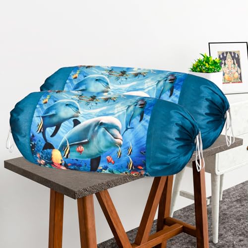 Image of Urbane Home Set of 6 Bolster /Side Pillow Cover | 16 inchx32 inch Cylindrical Masland /Masand Long Pillow Cover For Diwan Pillows | Dolphin- Blue