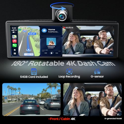 Image of TECXERLLON 10.3 inch Portable CarPlay Screen for Car with Rotatable 4K Dash Cam