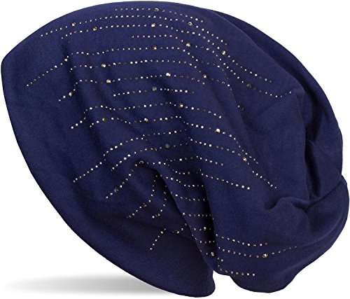 styleBREAKER Bonnet Beanie avec des Rivets en Strass au Design rayé, Longbeanie Slouch, Unisexe 04024086, Couleur:Bleu foncé