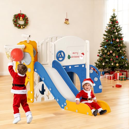 Krovtoy Kinderrutsche, Kleinkinderrutsche freistehend mit Basketballkorb, Kleinkinderklettergerüst, Babyrutsche Spielplatzgeräte, Kinderrutschen für Draußen (Blau Orange-10 in 1)