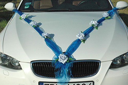 Autoschmuck Organza M Auto Schmuck Braut Paar Rose Deko Dekoration Hochzeit Car Auto Wedding Deko Girlande PKW (Silber/Blau) - Image 3