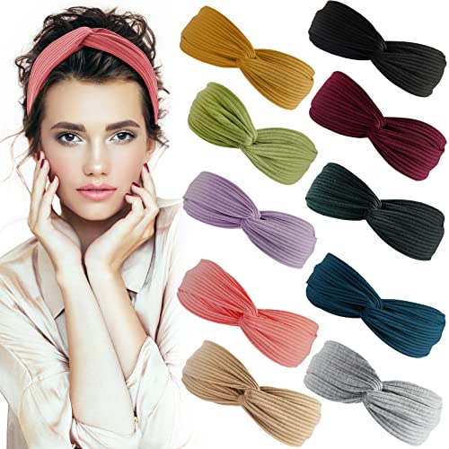 S&N Remille Headbands for Women Boho Headbands Vintage Criss Cross Headwraps Solid Color Head Bands,Elastic Head Wraps for Yoga Workout Hair Accessories 10Pack