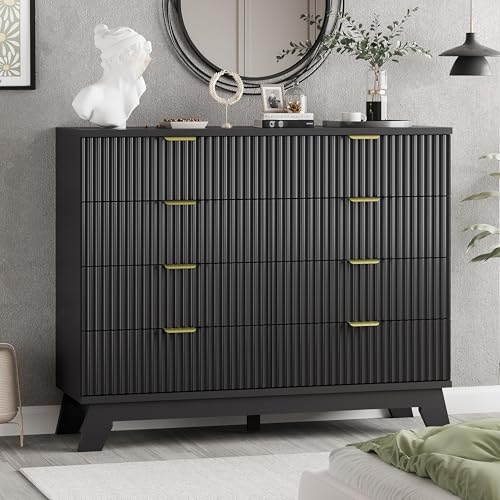 Image of Fluted Dresser for Bedroom with 8 Drawers, 48 inch Wide Modern Chest of Drawers with Metal Handle, Wooden Dresser TV Stand, Wood Closet Clothes Storage Drawer Organizer for Living Room, Hallway, Black
