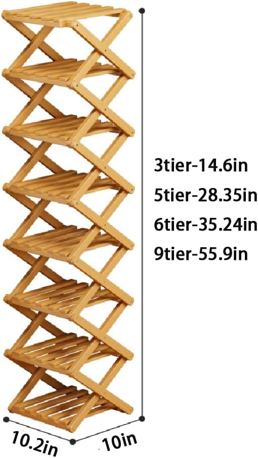 The 9-Tier No-Assembly Bamboo Rack - Foldable Vertical Shoe Rack,9 Tier Bamboo Shoe Rack,Tall Narrow Freestanding Shelf for Closet Entryway Small Spaces (9tier-Brown)