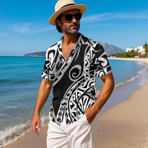 Button up Polynesian Tribal Samoan Tapa Hibiscus Prin tHawaiian Shirt for Men Plus Size Holiday Beach Men's Shirts3