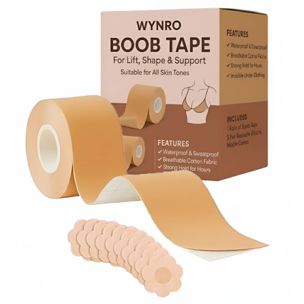 Boob Tape Kit for Breast Lift – Breathable Adhesive Booby Tape with 10 Nipple Pasties, Instant Push Up Sticky Bra Tape for Backless & Deep V Dresses Beige