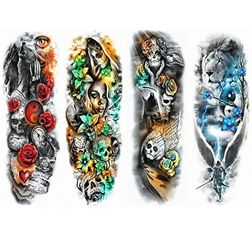 Large Arm sleeve Tattoo Waterproof temporary tattoo Sticker Skull Angel rose lotus Men Full Flower Tatoo Body Art tattoo Women (C (4 sheets))