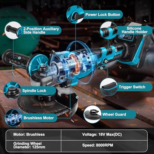 Accu-haakse slijper voor Makita accu 18 V, draadloze slijper met borstelloze motor, schijfbescherming, 125 mm diameter, 3 snelheden, 10.000 tpm voor snijden en slijpen - Afbeelding 4