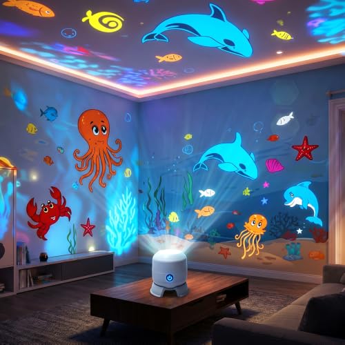 2026 New Dynamic Rotating LED Projector Light USB Smart 5D Holographic Night Light Projector 360 Dynamic Rotating LED Projector for Meditation Bedroom Home (Sea Style)