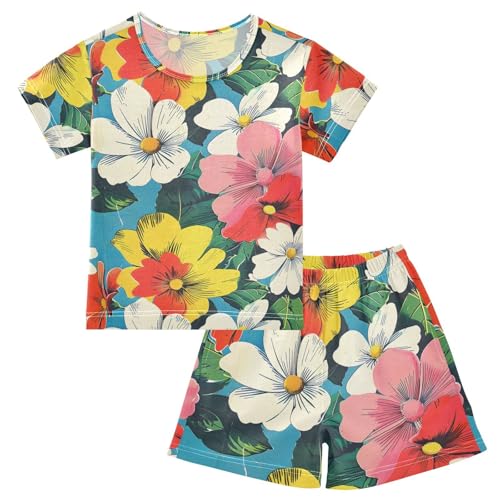 ALAZA Retro Floral Blossom Pajamas Short Sleeve 2 Piece Sleepwear Top and Bottom Pajama Set Unisex