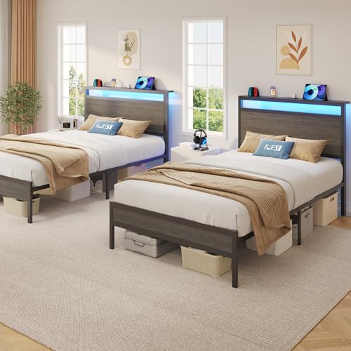 Image of Fluest Twin Bed Frame with Headboard & Footboard, Twin Bed Frame with Charging Station & LED Light, Under-Bed-Storage, No Box Spring Needed, Noise Free, Easy Assembly, Rustic Grey