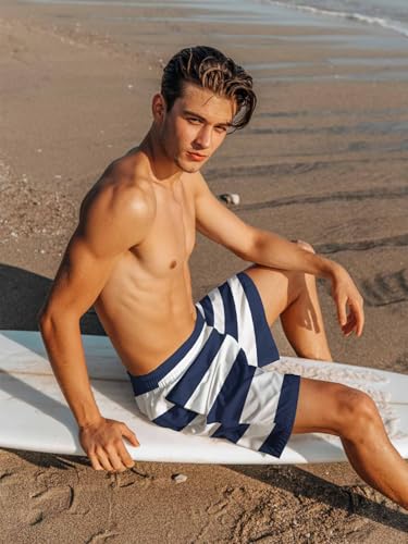 Mens Swim Trunks with Compression Liner,Nautical Navy BlueWhite Stripes Men's Inseam Board Shorts Quick Dry Bathing Suit3