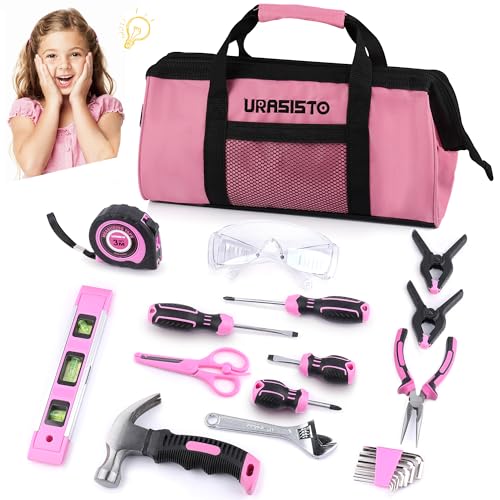 URASISTO 22-Piece Kids Tool Set with Storage Bag, Pink Junior Real Hand Tool Kit for Boys & Girls, Age 8+
