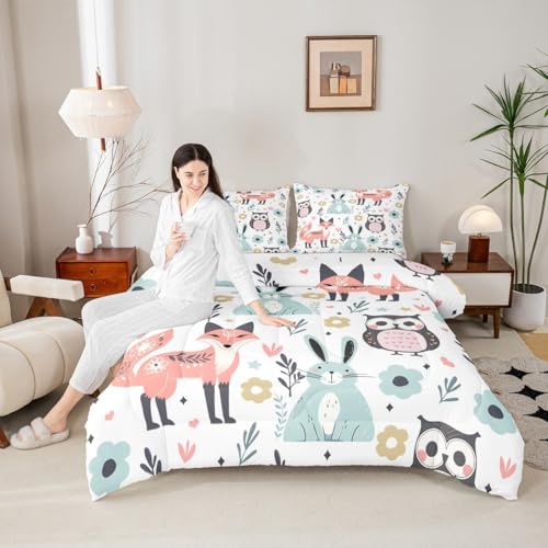 Image of Feelyou Fox Rabbit Owl Comforter Set Toddler Size, Cartoon Fox Comforter for Kids Toddler Cute Rabbit Comforter Set Toddler Size Tropical Kawaii Animal Duvet Set Durable Quilt Set